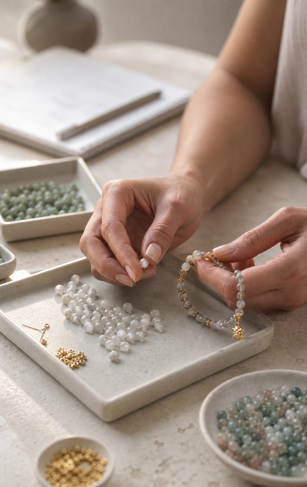 Hands choosing natural gemstone beads for an Auramere bracelet