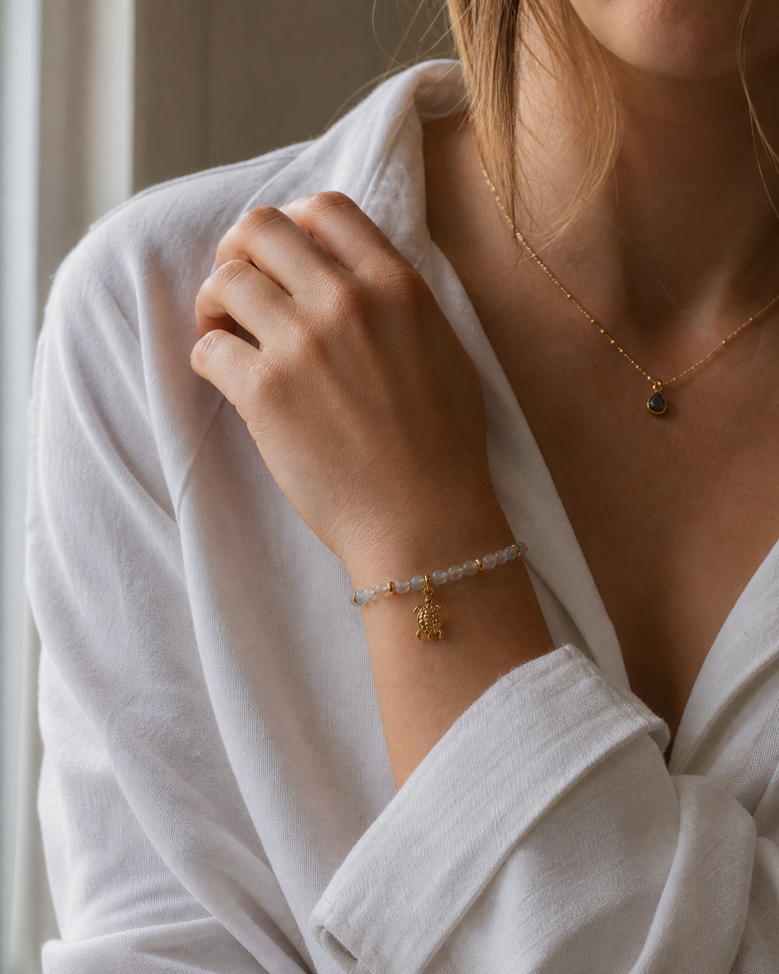 Auramere natural gemstone bracelet worn close to the body