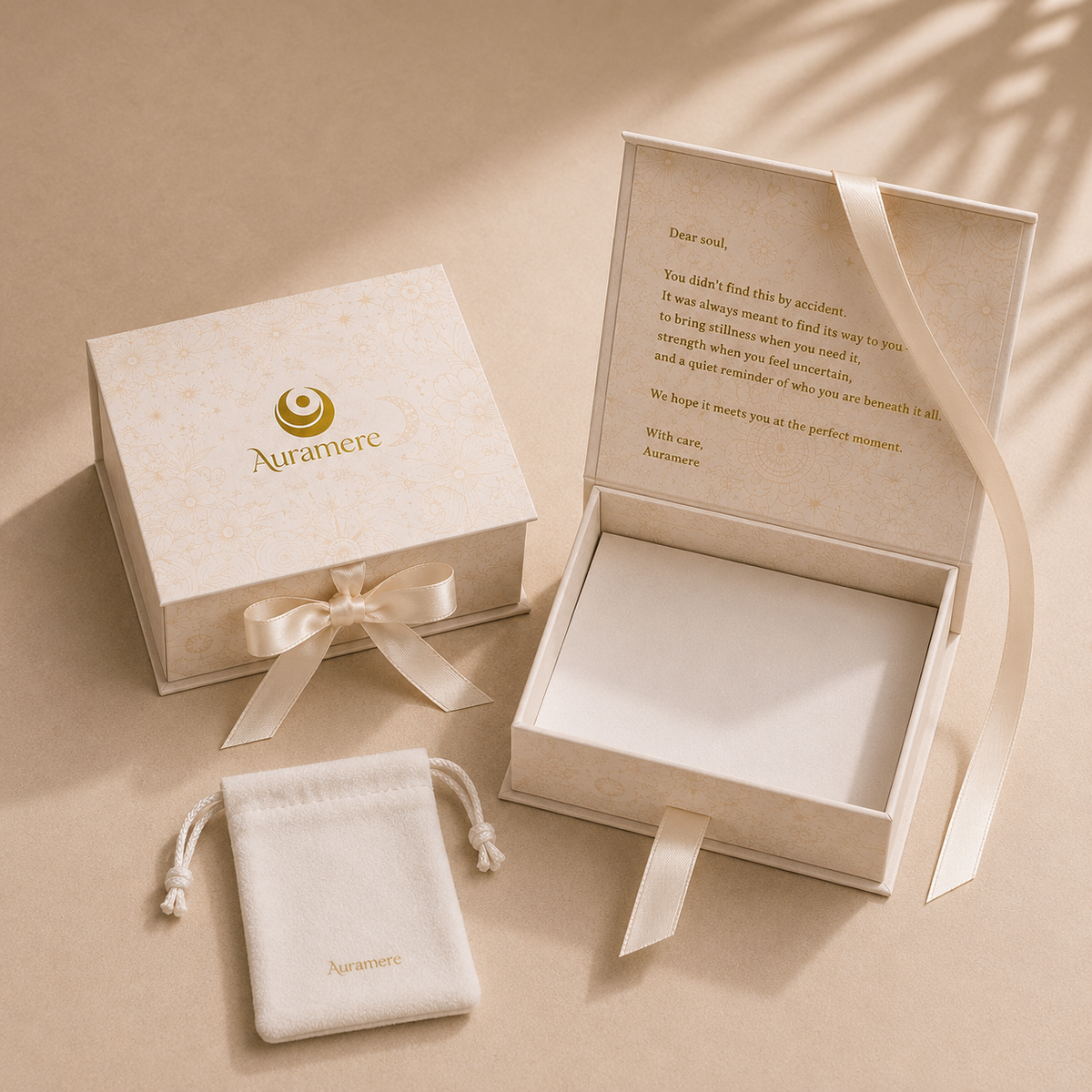 Auramere jewelry gift box and pouch packaging