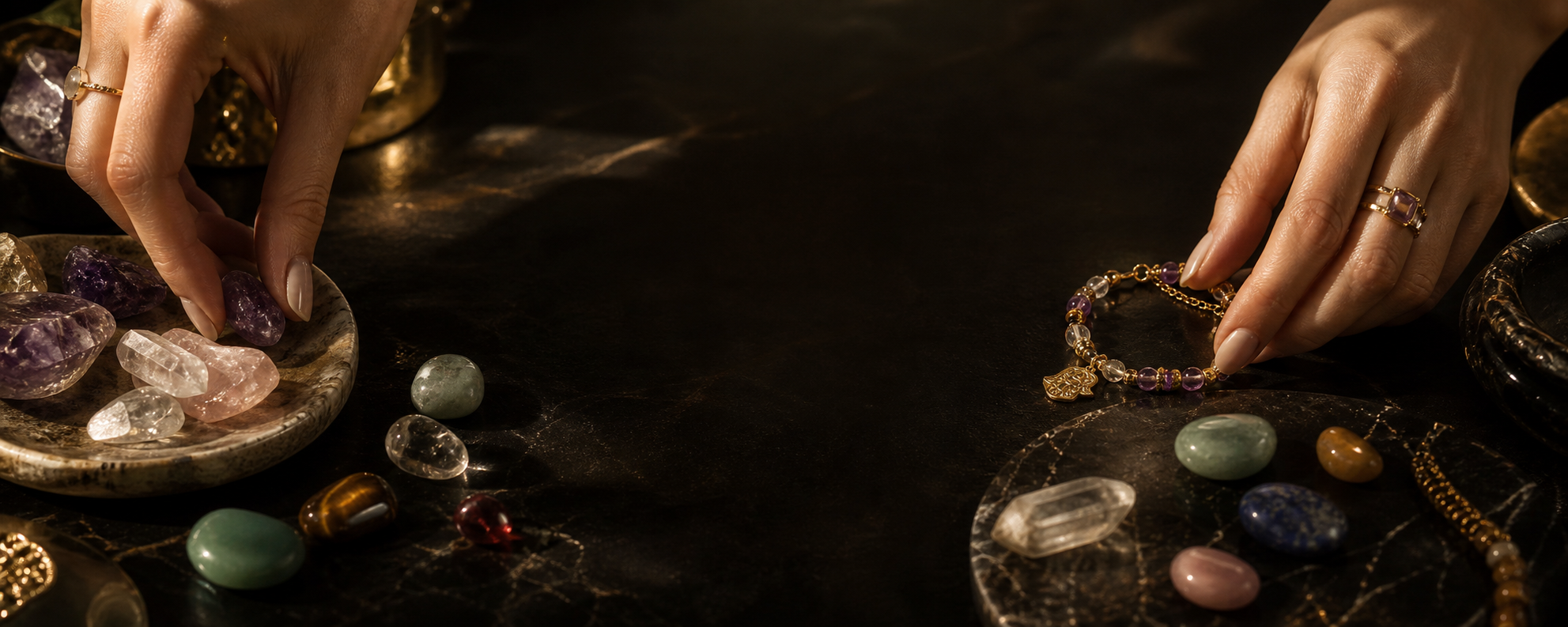 Auramere cinematic stone catalog with natural gemstones and gold bracelet