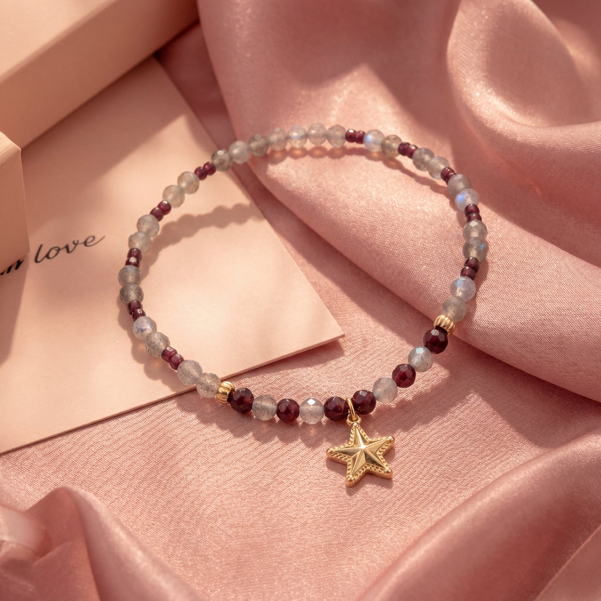 Customized for Mia G. from Brooklyn, NY - Garnet & Gray Moonstone Love Bracelet 4mm + 2-2.5mm