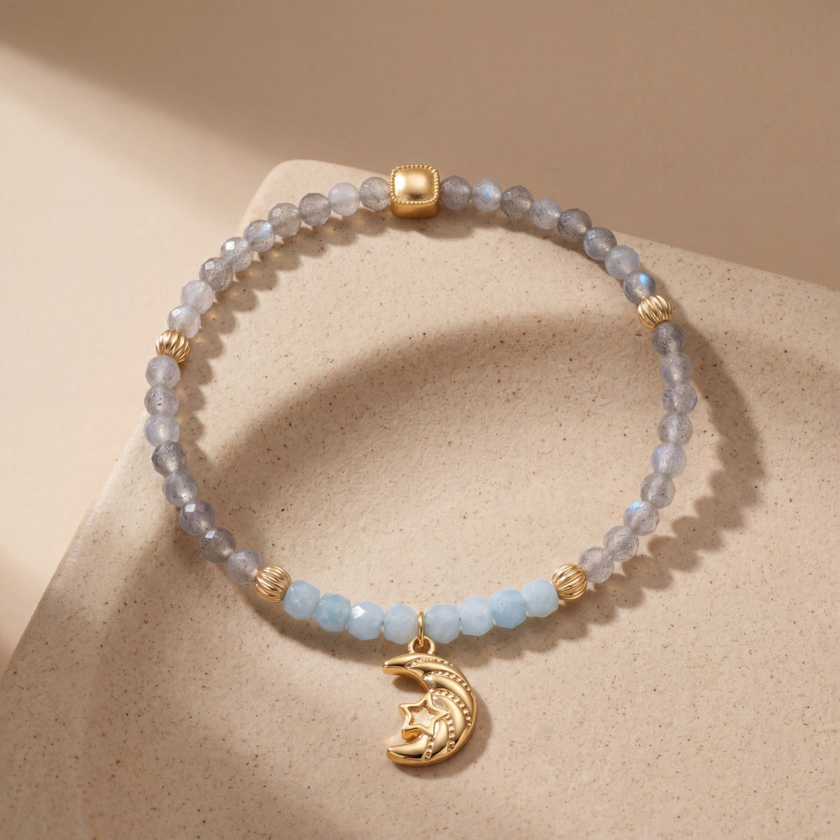 Customized for Elijah W. from Atlanta, GA - Aquamarine & Gray Moonstone Calm Bracelet 4-5mm + 4mm