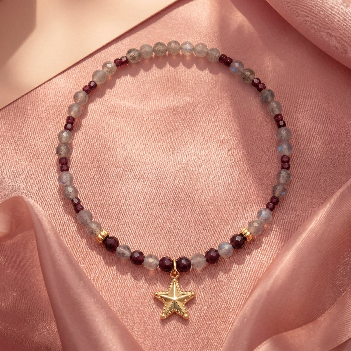 Customized for Mia G. from Brooklyn, NY - Garnet & Gray Moonstone Love Bracelet 4mm + 2-2.5mm