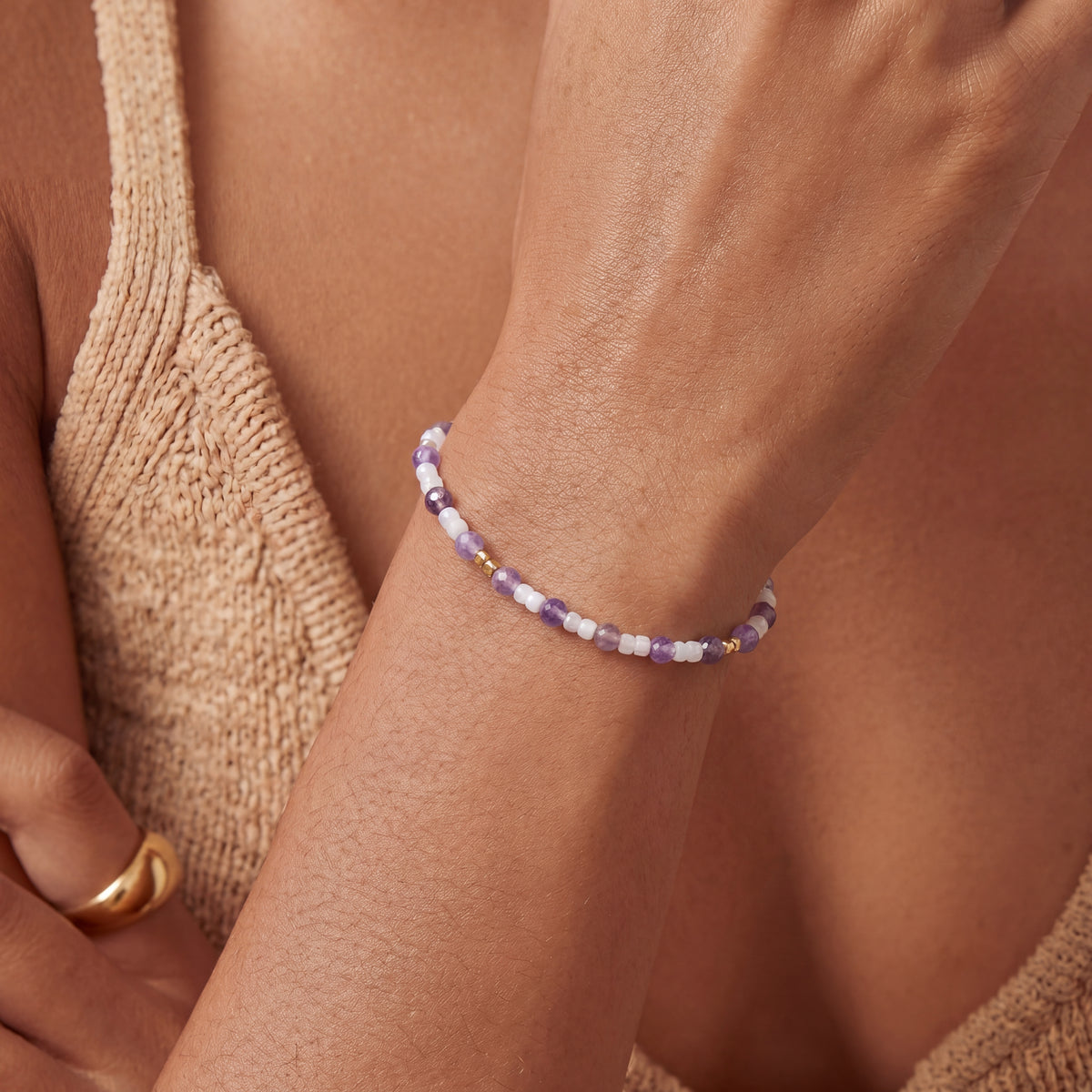 Customized for Charlotte N. from Phoenix, AZ - Amethyst & White Moonstone Love Bracelet 2-2.5mm + 4mm