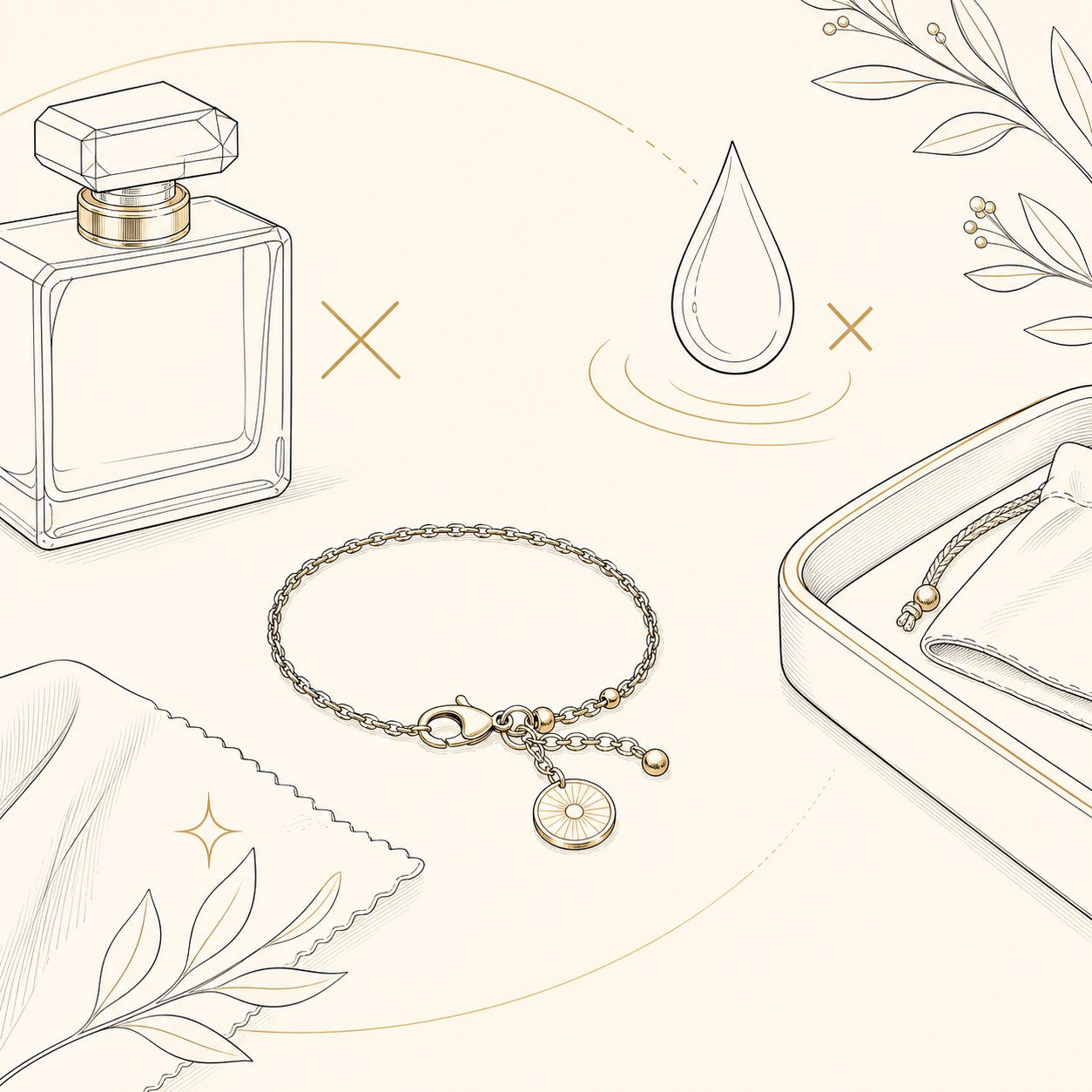 Lineart illustration of plated jewelry kept away from water and fragrance