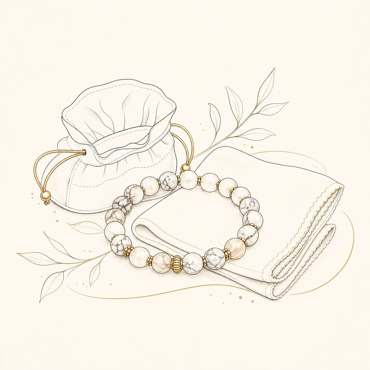 Lineart of a natural stone bracelet with a soft cloth and pouch